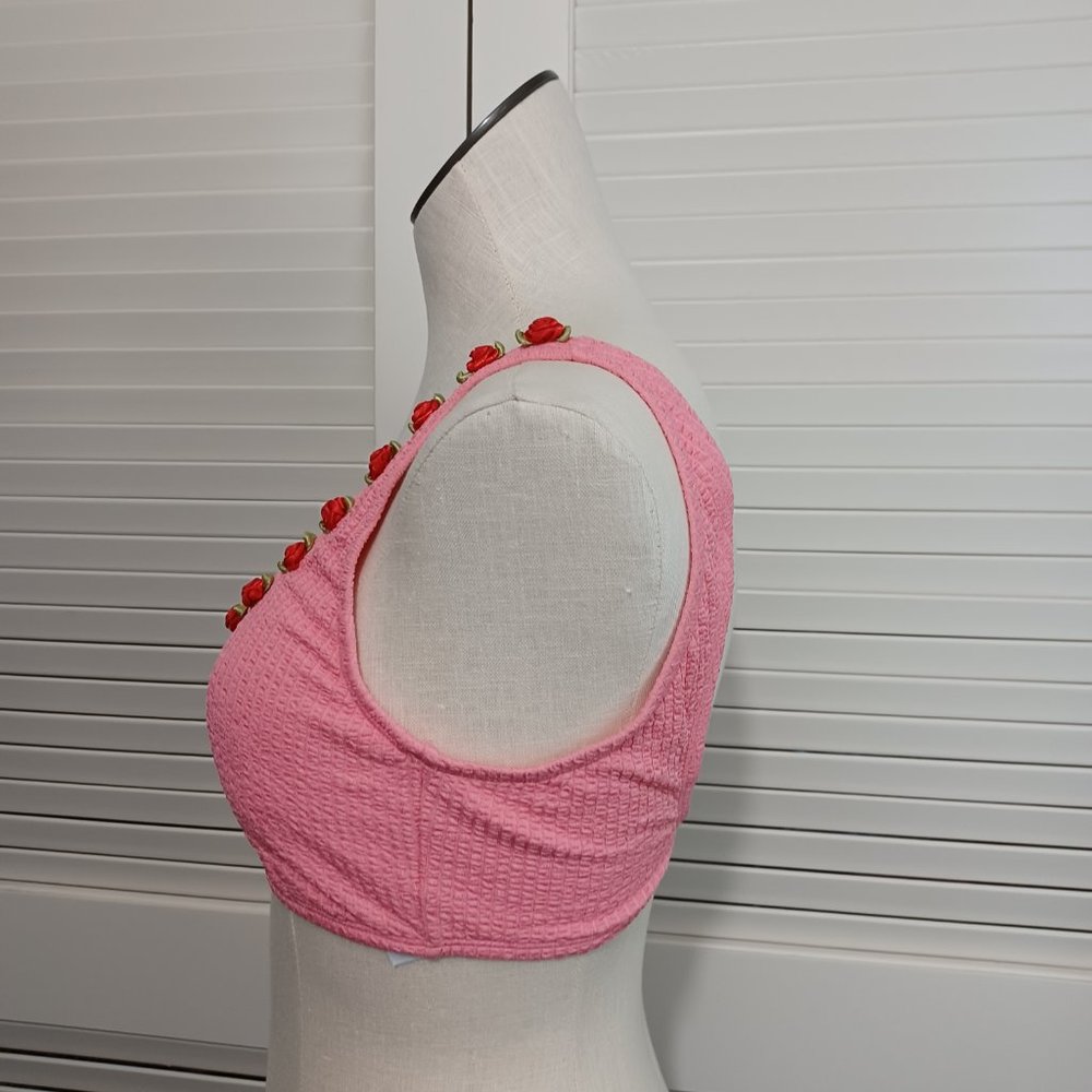 Betsey Johnson Scrunch Bunch Rose Bikini Top Pink Rosettes - Picture 6 of 11